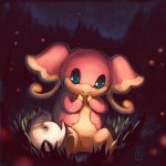  audino blue_eyes closed_mouth commentary creature delano-laramie english_commentary forest full_body gen_5_pokemon grass looking_at_viewer nature night night_sky no_humans outdoors pokemon pokemon_(creature) signature sitting sky smile solo star_(sky) starry_sky tree 