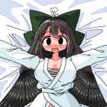  1girl bathrobe bed_sheet black_eyes black_hair black_wings blush bow breasts chest_sarashi collarbone commentary_request embarrassed feathered_wings green_bow hair_bow head_steam highres kasuya_baian large_breasts long_hair long_sleeves looking_at_viewer lying on_back open_mouth outstretched_arms partial_commentary reiuji_utsuho sarashi solo spread_arms sweatdrop touhou upper_body wings 