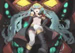  1girl absurdres aqua_eyes aqua_hair armband atk7 black_footwear black_gloves boots collarbone drill elbow_gloves eyebrows_visible_through_hair gloves glowing glowing_eyes hair_between_eyes hatsune_miku highres long_hair navel open_mouth orange-framed_eyewear teeth tengen_toppa_gurren_lagann thighhighs twintails upper_teeth vocaloid white_legwear yellow_eyes 