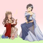  2girls alternate_costume bare_shoulders barefoot bass_clef beamed_eighth_notes between_legs blue_dress blue_flower bracelet brown_eyes brown_hair closed_eyes closed_mouth dress earrings flower full_body gold_choker grass greta_hofmann hand_between_legs hayde_ink holding holding_instrument holding_lyre instrument jewelry laurel_crown long_hair looking_at_another looking_down lyre marcus_(reverse:1999) marcus_(to_the_gates_of_the_underworld)_(reverse:1999) multiple_girls music musical_note musical_staff off-shoulder_dress off_shoulder official_alternate_costume on_rock open_mouth pink_background red_robe reverse:1999 robe short_hair singing sitting sleeveless sleeveless_dress smile teeth twitter_username upper_teeth_only white_dress 