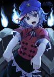  1girl 22_zefar absurdres black_skirt blue_eyes blue_fire blue_hair blue_hat commentary fire hat hat_ornament highres jiangshi looking_at_viewer messy_hair miyako_yoshika ofuda ofuda_on_head open_mouth outstretched_arms red_shirt sharp_teeth shirt skirt solo star_(symbol) star_hat_ornament teeth touhou upper_teeth_only zombie_pose 