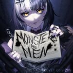  album_cover black_choker black_dress black_hair black_nails choker coat commentary copyright_notice cover dasdokter dress english_commentary evil_smile fur-trimmed_coat fur_trim grey_hair highres holding holding_notebook hololive hololive_english jewelry long_hair looking_at_viewer multicolored_hair nail_polish notebook official_art ring shiori_novella shiori_novella_(1st_costume) smile split-color_hair virtual_youtuber yellow_eyes 