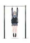  1girl =3 annoyed blazer blue_eyes blue_neckwear bow bowtie cardigan doushimasho full_body hanging highres jacket loafers long_hair looking_at_viewer original pleated_skirt pullups school_uniform shoes skirt solo v-shaped_eyebrows 