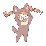  1girl :d animal_costume animal_ears animal_hood brown_hair chibi commentary_request dicta_striker_(umamusume) eyebrows_hidden_by_hair fake_animal_ears fake_tail fang full_body hair_between_eyes ho_1000_ka hood hood_up multicolored_hair simple_background smile solo standing streaked_hair tail umamusume umamusume:_cinderella_gray v-shaped_eyebrows white_background white_hair wolf_costume yellow_eyes 