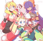  3girls alia_(mega_man) armor ayla_kazemi black_bodysuit blonde_hair blue_eyes bodysuit border breasts candy chocolate food green_eyes group_picture hair_over_eyes heart heart-shaped_chocolate heart-shaped_food highres holding holding_chocolate holding_food large_breasts layer_(mega_man) long_hair medium_breasts medium_hair mega_man_(series) mega_man_x_(series) multiple_girls pallette_(mega_man) pink_armor pink_background purple_hair small_breasts twintails valentine white_border 