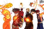  1girl 6+boys ? adventure_time arms_behind_back artist_name avatar:_the_last_airbender avatar_legends ben_10 black_robe blonde_hair blue_shirt brown_eyes brown_hair character_request clenched_hand commentary copyright_request dress english_commentary eye_contact fantastic_four fiery_hair fire flame_princess headband heatblast highres human_torch jegssart johnny_storm leaning_forward looking_at_another marvel multiple_boys orange_dress orange_hair red_hair red_headband red_robe robe sash shirt simple_background sleeveless sleeveless_dress sleeveless_robe white_background zuko 