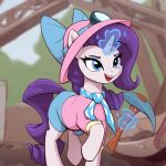 absurd_res blue_eyes bottomwear clothed clothed_feral clothing day equid equine eyeshadow female feral friendship_is_magic fur hair hasbro hi_res hooves horn magic makeup mammal my_little_pony mythological_creature mythological_equine mythology open_mouth outside pickaxe purple_hair quadruped rarity_(mlp) rnghat shorts solo teeth tongue unicorn white_body white_fur