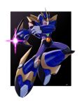  1boy arm_cannon armor black_background blue_armor blue_helmet border commentary_request forehead_jewel full_body green_eyes helmet highres mega_man_(series) mega_man_x_(series) olf_megaman open_mouth solo ultimate_armor_x_(mega_man) weapon white_border x_(mega_man) 