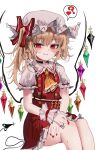  1girl absurdres ascot blonde_hair blush bow closed_mouth collared_shirt commentary commentary_request crystal crystal_wings demon_tail english_commentary flandre_scarlet frilled_skirt frills hat hat_bow heart highres laevatein_(touhou) long_hair looking_at_viewer mob_cap multicolored_wings one_side_up ougiikun pointy_ears puffy_short_sleeves puffy_sleeves red_bow red_eyes red_nails red_skirt red_vest shirt short_sleeves simple_background skirt skirt_set smile solo spoken_heart tail touhou vest white_background white_hat white_shirt wings wrist_cuffs yellow_ascot 