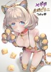  1girl absurdres animal_ears animal_hands animal_print bare_shoulders bell bikini blue_eyes blush breasts cleavage collar commentary_request gloves grey_hair highres jingle_bell kneeling looking_at_viewer medium_breasts navel original paw_gloves paw_shoes sharekoube short_hair solo striped_clothes swimsuit tail thighhighs tiger_ears tiger_print tiger_tail translation_request yellow_bikini yellow_thighhighs 