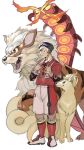  1boy arcanine black_eyes black_hair blue_eyes centiskorch claws closed_mouth commentary fangs fire full_body gen_1_pokemon gen_8_pokemon green_eyes gym_leader half-closed_eyes hands_up highres kabu_(pokemon) kneehighs long_sleeves male_focus multicolored_hair ninetales open_mouth pokemon pokemon_(creature) pokemon_(game) pokemon_swsh red_eyes red_footwear red_legwear red_shirt red_shorts shirt shirt_tucked_in shoes short_hair short_over_long_sleeves short_sleeves shorts side_slit simple_background standing tachibana_(7k_yj) tongue towel towel_around_neck two-tone_hair white_background white_hair yellow_sclera 