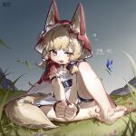  1girl absurdres animal_ears arknights arknights:_endfield barefoot bug butterfly cape chinese_commentary cloak commentary cuffs dirty dirty_feet ears_through_headwear ears_through_hood feet film_grain full_body grass handcuffs highres hood hood_up hooded_cape jewelry low-tied_sidelocks meiwei_de_jianbing necklace red_cape red_cloak red_hood rossi_(arknights) sidelocks sitting solo toes tooth_necklace wolf_ears wolf_girl 