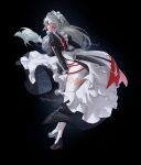  1girl ;) absurdres alexandrina_sebastiane apron artist_name ass black_dress black_shoes breasts dress full_body grey_hair hair_between_eyes highres juliet_sleeves large_breasts leaning_forward long_dress long_hair long_sleeves looking_at_viewer looking_back maid_headdress one_eye_closed oyasumi_sora pantyhose pantyhose_cutout puffy_sleeves red_eyes screw_hair_ornament shoes side_slit smile solo spiked_headband very_long_hair white_apron white_pantyhose zenless_zone_zero 