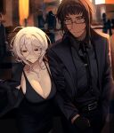  1boy 1girl black_dress black_eyes black_gloves black_jacket black_necktie black_pants black_shirt black_suit blush breasts brown_hair cigarette cleavage dark-skinned_male dark_skin dress glasses gloves highres holding holding_another's_arm holding_cigarette jacket jericho_(wabuwabu_05) jewelry necklace necktie original pants scar scar_across_eye scar_on_face shirt smile suit wabuwabu_05 