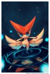  blue_background border closed_mouth commentary creature delano-laramie english_commentary floating full_body gen_5_pokemon highres looking_at_viewer no_humans pokemon pokemon_(creature) ripples signature simple_background smile star victini water watermark web_address white_border 