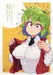  1girl ahoge blush_stickers border breasts buttons carte closed_mouth collared_shirt commentary_request covered_nipples cropped_torso green_hair hair_between_eyes hands_up highres kazami_yuuka large_breasts long_sleeves looking_at_viewer medium_hair open_clothes outside_border plaid_clothes plaid_vest raised_eyebrows red_eyes red_vest shirt shirt_under_shirt solo sparkle touhou translation_request turtleneck turtleneck_shirt unbuttoned undershirt upper_body vest white_border white_shirt wing_collar 