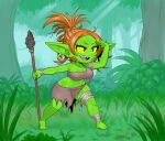 2025 breasts cleavage clothed clothing ear_piercing ear_ring female goblin green_body green_skin hair holding_melee_weapon holding_object holding_polearm holding_spear holding_weapon humanoid humanoid_pointy_ears mario-grant melee_weapon midriff ms._nasbh'ke_(mario-grant) not_furry outside piercing pointy_ears polearm ring_piercing shortstack shortstack_female small_waist solo spear thick_thighs tied_hair weapon wide_hips