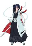  1girl alternate_universe artist_name black_hakama bleach bleach:_epilogue commentary commission full_body hakama haori highres holding holding_mask holding_sword holding_weapon hollow_mask japanese_clothes kuchiki_rukia long_hair mask sandals side_ponytail smile socks sode_no_shirayuki_(shikai) solo sword taichou_haori umbra_(edits_umbra) watermark weapon white_haori white_socks wide_sleeves 
