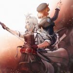  2girls ahoge altina_orion altina_orion_(cosplay) animal_ears ayul_(ayulneri_92) belno_light_(umamusume) beret black_capelet black_pantyhose boots brown_hair capelet coat commentary commission cosplay eiyuu_densetsu gloves hat highres holding holding_sword holding_weapon horse_ears horse_girl katana long_hair miniskirt multiple_girls oguri_cap_(umamusume) pantyhose pose_imitation rean_schwarzer rean_schwarzer_(cosplay) sen_no_kiseki_(series) sen_no_kiseki_iii short_hair skirt sword thors_military_academy_branch_campus_uniform umamusume weapon white_boots white_coat white_hair 