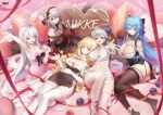  5girls absurdres artist_request blanc_(nikke) blonde_hair blue_eyes blue_hair breasts chinese_commentary cleavage commentary_request copyright_name crown_(nikke) goddess_of_victory:_nikke grey_hair hair_intakes helm_(nikke) highres large_breasts long_hair looking_at_viewer lying modernia_(nikke) multiple_girls navel official_alternate_costume official_art on_back open_mouth scarlet_(nikke) valentine white_hair 
