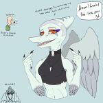 absurd_res anon_(snoot_game) anthro black_clothing black_crop_top black_shirt black_topwear blue_body bone bone_frill breasts bulging_eyes cavemanon_studios claws clothed clothed_anthro clothed_female clothed_human clothed_male clothing colored crop_top cutaway dialogue duo elbow_feathers english_text fang_(gvh) feathered_wings feathers female finger_claws fingers frill_(anatomy) front_view gesture goodbye_volcano_high green_clothing green_jacket green_topwear grey_body grey_feathers grey_hair hair hand_gesture hi_res human humanoid_hands jacket jewelry ko_op_(game_developer) lorikani male mammal markings meme necklace no_bitches? non-mammal_breasts open_mouth pointing pointing_at_self prehistoric_species pterosaur reptile scalie shaded shirt short_hair skull small_breasts snoot_game speech_bubble striped_markings stripes talking_to_another text topwear wings