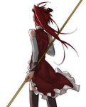 1girl bare_shoulders bow brown_bow detached_sleeves dress feet_out_of_frame frilled_dress frills from_behind grey_thighhighs hair_bow highres holding holding_polearm holding_weapon long_hair mahou_shoujo_madoka_magica polearm ponytail red_dress red_hair sakura_kyoko sakura_kyoko_(magical_girl) sayalovekyou simple_background sleeveless sleeveless_dress solo standing thighhighs weapon white_background white_sleeves 