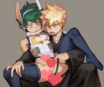  2boys abs advanced_random animal_ears bakugou_katsuki blonde_hair blush boku_no_hero_academia carrying censored cosplay erection freckles green_eyes grey_background groin heart heart_censor hug leotard looking_down male_focus messy_hair midoriya_izuku mirko mirko_(cosplay) multiple_boys penis perineum rabbit rabbit_ears rabbit_tail red_eyes simple_background tail testicles yaoi 