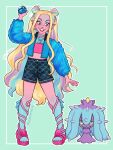  1girl absurdres artist_name black_shorts blonde_hair blue_eyes blue_jacket colored_sclera crossover dive_ball fangs fins green_background grin head_fins highres holding holding_poke_ball jacket jewelry lagoona_blue long_hair looking_at_viewer mareanie midriff monster_high multicolored_hair mxwormie necklace open_clothes open_jacket pink_shirt poke_ball pokemon pokemon_(creature) sandals shirt shorts smile spikes yellow_sclera 