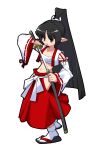  1girl black_eyes black_hair clothing_cutout commentary_request detached_sleeves disgaea hakama high_ponytail highres hip_vent holding holding_sword holding_weapon infp_unkomen japanese_clothes katana long_hair midriff motoyui navel nontraditional_miko open_mouth pointy_ears ponytail red_hakama ribbon-trimmed_sleeves ribbon_trim ronin_(disgaea) sandals sarashi simple_background socks solo sword tabi weapon white_background white_socks wide_sleeves zouri 