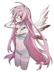  1girl angel_wings bandaged_arm bandaged_leg bandaged_torso bandages bandaid bandaid_on_arm blood bloody_wings breasts colored_eyelashes commentary cropped_legs ear_piercing expressionless eyepatch hanbee_(leehanbee) highres long_hair looking_at_viewer naked_bandage navel original piercing pink_hair pointy_ears red_eyes simple_background small_breasts solo untranslatable_commentary very_long_hair white_background wings 