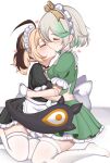  2girls ahoge alternate_costume apron black_dress black_hair blonde_hair blush bow bowtie braid breasts brooch cecilia_immergreen closed_eyes commentary dress enmaided frilled_apron frilled_dress frilled_headwear frilled_sleeves frills from_side gigi_murin gradient_hair green_dress green_hair heart heart_brooch highres holding_another's_waist hololive hololive_english hug jewelry kiss kneeling lynnavtt maid multicolored_hair multiple_girls no_shoes short_hair short_twintails simple_background skindentation small_breasts streaked_hair thighhighs thighs twintails two-tone_hair virtual_youtuber white_background white_hair white_thighhighs yuri 
