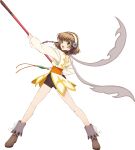  1girl artist_request black_ribbon black_unitard boots breasts brown_boots brown_hair coat commentary flower full_body game_cg green_eyes hair_flower hair_ornament hairband highres holding holding_baton_(weapon) holding_behind_back holding_weapon holding_weapon_behind_back legs_apart leia_rolando looking_at_viewer official_art open_mouth ribbon short_hair solo standing tales_of_(series) tales_of_asteria tales_of_xillia third-party_source transparent_background weapon white_coat white_hairband 