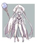  1girl black_leotard boots closed_mouth commentary_request dress expressionless flat_chest full_body grey_hair groin hair_over_eyes hat highleg highleg_leotard hisui_(syarute) holding holding_staff large_hat leotard long_hair mage_staff original solo staff twintails very_long_hair white_boots white_dress white_hat 