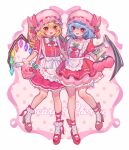  2girls absurdres alternate_costume ankle_bow ankle_ribbon apron back_bow bag bat_wings blonde_hair blue_hair bobby_socks bow bowtie breasts cherry collarbone commentary dress elbow_carry english_commentary english_text enmaided fangs flandre_scarlet food frilled_apron frilled_dress frills fruit full_body gloves hair_between_eyes handbag hat hat_bow hat_ribbon highres holding holding_bag layered_dress leg_ribbon looking_at_viewer maid maid_apron mary_janes mob_cap multicolored_wings multiple_girls open_mouth pink_background pink_bag pink_hat puffy_short_sleeves puffy_sleeves qiu_ju red_bow red_dress red_eyes red_ribbon red_shoes remilia_scarlet ribbon ribbon-trimmed_headwear ribbon_trim shoes short_sleeves siblings simple_background sisters small_breasts smile socks touhou white_apron white_background white_bow white_bowtie white_gloves white_socks wings 