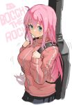  1girl black_skirt blue_eyes bocchi_the_rock! breasts commentary cube_hair_ornament gotoh_hitori guitar_case hair_ornament instrument_case jacket large_breasts long_hair long_sleeves looking_at_viewer one_side_up pink_hair pink_jacket sharekoube skirt solo track_jacket untranslatable_commentary 