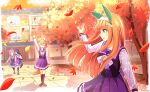  absurdres animal_ears autumn_leaves blue_eyes blue_flower blue_rose blunt_bangs blush bow bowtie brown_hair closed_eyes clover_hair_ornament commentary_request daruma_doll daruma_doll_hair_ornament ear_bow ear_covers flipped_hair flower four-leaf_clover_hair_ornament green_eyes hair_between_eyes hair_ornament hair_over_one_eye hairband haru_urara_(umamusume) hat hat_flower headband highres hime_cut horse_ears horse_girl horse_tail leaf long_hair long_sleeves looking_at_another maple_leaf matikanefukukitaru_(umamusume) multiple_girls orange_hair orange_tail outdoors pink_hair pink_headband ponytail purple_serafuku purple_shirt purple_skirt purple_thighhighs red_headband rice_shower_(umamusume) rose sailor_collar sailor_shirt school_uniform serafuku shirt short_hair silence_suzuka_(umamusume) single_ear_cover skirt smile summer_uniform tail thighhighs tilted_headwear torinosukei tracen_school_uniform tree umamusume waving white_bow white_bowtie white_hairband 