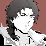  1boy absurdres assassin's_creed_(series) assassin's_creed_ii beard_stubble brown_background brown_eyes ezio_auditore_da_firenze facial_hair greyscale_with_colored_background grin hayde_ink highres looking_at_viewer low_ponytail male_focus mature_male multicolored_hair ponytail portrait scar scar_on_face scar_on_mouth smile solo spot_color stubble twitter_username 