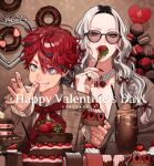  1boy 1girl absurdres alma_(gokurakugai) black-framed_eyewear black_roots blue_eyes cake cherry chocolate commentary copyright_name donut eating english_commentary eyeshadow fake_nails food food_on_face fork fruit glasses gokurakugai hair_between_eyes happy_valentine highres holding holding_food holding_fork jacket jewelry licking licking_finger licking_own_finger long_hair looking_at_viewer macaron makeup official_art pearl_choker red_hair ring round_eyewear sano_yuuto short_hair strawberry swiss_roll tao_(gokurakugai) white_hair 