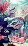  air_bubble artist_name blue_eyes bubble closed_eyes colored_sclera coral coral_reef corsola fangs highres luvdisc mareanie mdbruin no_humans open_mouth pokemon pokemon_(creature) pyukumuku spikes underwater yellow_sclera 