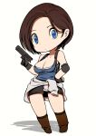  1girl asymmetrical_gloves beeru_(veil8801) black_gloves black_skirt black_socks blue_eyes blue_shirt boots breasts brown_boots brown_hair cleavage closed_mouth clothes_around_waist collarbone commentary_request deformed elbow_sleeve finger_on_trigger fingerless_gloves full_body gloves gun hand_on_own_hip handgun highres holding holding_gun holding_weapon jill_valentine knee_boots kneehighs large_breasts legs_apart miniskirt resident_evil resident_evil_3:_nemesis resident_evil_3_(remake) shadow shirt short_hair simple_background single_fingerless_glove skirt socks solo standing sweater sweater_around_waist undershirt weapon white_background white_sweater 
