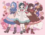  3girls alternate_costume apron aqua_dress aqua_eyes balloon black_hair blue_dress blue_eyes blue_hair blue_hood boots brown_dress commentary cup cupcake dress food fork frilled_apron frills full_body heart_balloon high_heels highres holding holding_fork holding_tray houjuu_nue kumoi_ichirin letter looking_at_viewer multiple_girls murasa_minamitsu oversized_fork red_eyes sakurasaka short_sleeves skirt_hold standing teacup teapot touhou tray untranslatable_commentary 