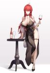  1girl absurdres ahoge alcohol bare_shoulders black_dress black_shoes blush bottle bracelet breasts brown_eyes commentary_request covered_navel crossed_bangs crystal_earrings cup curvy dress drinking_glass earrings fur_shawl gold_bracelet gold_trim hair_between_eyes halter_dress halterneck highres holding holding_cup huge_breasts jewelry jira_(0116) large_breasts leaning_on_table long_hair looking_at_viewer original red_hair red_wine shawl shoes smile solo standing standing_on_one_leg table thigh_strap white_background white_shawl wide_hips wine wine_bottle wine_glass wooden_table 