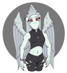 anthro artist_name black_bottomwear black_clothing black_crop_top black_pants black_shirt black_topwear blue_body bone_frill bottomwear breasts claws clothing colored crop_top elbow_feathers fang_(gvh) feathered_wings feathers female finger_claws fingers frill_(anatomy) front_view geometric_background goodbye_volcano_high grey_body grey_feathers grey_hair hair half-closed_eyes hi_res humanoid_hands jewelry ko_op_(game_developer) long_hair looking_at_viewer lorikani markings medium_breasts narrowed_eyes navel necklace non-mammal_breasts non-mammal_navel orange_eyes pants portrait prehistoric_species pterosaur reptile scalie shaded shirt simple_background solo standing striped_markings stripes text three-quarter_portrait topwear torn_bottomwear torn_clothing torn_pants wings