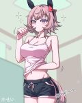  1girl animal_ears bare_arms bare_shoulders black_hairband black_shorts blurry blurry_foreground bow breasts brown_hair brown_tail brushing_teeth camisole cleavage clothes_lift collarbone commentary_request cowboy_shot curren_chan_(umamusume) dolphin_shorts eyelashes flipped_hair hair_bow hairband hand_on_own_stomach hand_under_clothes hand_up highres holding holding_toothbrush horse_ears horse_girl horse_tail indoors kasei_ovo large_breasts light_blush looking_ahead midriff navel pink_camisole pink_eyes red_bow shirt_lift short_hair short_shorts shorts solo spaghetti_strap standing tail thick_eyelashes toothbrush umamusume 