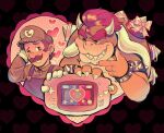 2026 2_horns 4_fingers 5_fingers absurd_res anthro armband artist_name bent_arm blue_eyes blush blush_lines bowser bracelet brown_eyebrows brown_facial_hair brown_hair brown_mustache button_(fastener) claws clothed clothed_human clothed_male clothing collar colored compat-i-com curved_horn didy414 digital_drawing_(artwork) digital_media_(artwork) duo ear_piercing english_description eye_contact eyebrows facial_hair finger_claws fingers frilly frilly_clothing fully_clothed fully_clothed_human fully_clothed_male game_boy_advance game_boy_family gesture gloves green_clothing green_hat green_head green_headwear green_shell green_shirt green_topwear hair half-closed_eyes hand_gesture hand_on_own_head handwear hat headgear headwear heart_ear_piercing heart_symbol hi_res holding_game_boy_advance holidays horn human interspecies jewelry king koopa larger_anthro larger_male light lighting looking_at_another luigi male male/male male_human mammal mario_bros mario_party_(series) mario_party_advance multicolored_body multicolored_scales mustache narrowed_eyes nintendo number one_eye_closed pattern_background piercing pink_bow pointing pointing_at_another pupils red_eyebrows red_eyes red_hair royalty scales scalie shaded sharp_teeth shell shirt short_hair shy simple_background size_difference smaller_human smaller_male smile smiling_at_another smiling_at_each_other spiked_armband spiked_bracelet spiked_collar spiked_shell spikes spikes_(anatomy) tan_body tan_scales tan_skin teeth text thick_eyebrows toothy_grin topwear valentine's_day white_claws white_clothing white_gloves white_handwear white_horn white_pupils white_spikes yellow_body yellow_scales