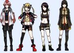  4girls abs absurdres chinese_commentary commentary_request eyepatch girls_frontline highres jacket m16a1_(girls_frontline) mac-10_(girls_frontline) multiple_girls navel no_eyepatch ntw-20_(girls_frontline) scar skorpion_(girls_frontline) twintails zilong_buding 