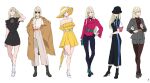  1girl absurdres anklet arms_behind_back bag bare_shoulders black_boots black_dress black_gloves black_hat black_pantyhose black_ribbon blonde_hair blue_eyes boots bow breasts brown_coat brown_pantyhose brown_shirt closed_umbrella coat collared_dress commentary_request dress earrings frilled_shirt_collar frilled_sleeves frills full_body gigi_andalusia gloves gold_anklet gold_earrings gold_necklace green_bag grey_jacket grey_pants grey_shoes grey_shorts gundam gundam_hathaway's_flash half_updo hand_in_own_hair hand_on_own_hip handbag hat hat_bow hat_over_eyes highres holding holding_umbrella jacket jewelry long_coat long_dress long_hair medium_breasts multiple_views neck_ribbon necklace off-shoulder_dress off_shoulder official_alternate_costume open_clothes open_coat pants pantyhose pink_bag pink_jacket pink_lips puffy_short_sleeves puffy_sleeves ribbon shibukawa_daisuke shirt shoes short_dress short_sleeves shorts shoulder_bag socks solo standing standing_on_one_leg straight_hair suit_jacket sun_hat sunglasses umbrella updo white_background white_shirt white_shoes white_socks yellow_dress yellow_hat 