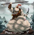 anthro avian balls big_balls big_muscles big_pecs big_penis bird bodily_fluids chicken clothed clothing cock_vore cum cum_on_penis dagger digestion feathers galliform genital_fluids genitals hi_res huge_balls huge_muscles huge_pecs huge_penis humanoid_genitalia humanoid_penis hyper hyper_balls hyper_genitalia hyper_penis ivore male melee_weapon muscular muscular_anthro muscular_arms muscular_male partially_clothed pecs penile penis phasianid polearm project_windless rekon_(project_windless) solo spear vein veiny_penis vore weapon white_body white_feathers
