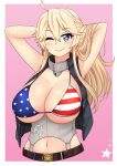  absurdres adjusting_hair ahoge american_flag_bikini arms_behind_head bangs belt belt_buckle bikini bikini_top blonde_hair blue_eyes blush breasts buckle cleavage collar eyebrows_visible_through_hair flag_print highres iowa_(kantai_collection) jacket kantai_collection large_breasts looking_at_viewer navel one_eye_closed open_clothes open_jacket simple_background smile star star-shaped_pupils swimsuit symbol-shaped_pupils the_only_shoe 