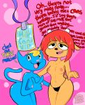  absurd_res anthro big_breasts blonde_hair blue_body blue_fur bodily_fluids bovid breasts caprine clothed clothing dialogue domestic_cat duo english_text felid feline felis female fur gametimeasia hair hi_res horn katy_kat lammy_lamb mammal nipples open_mouth orange_body orange_fur panties parappa_the_rapper partially_clothed pink_background red_hair sheep simple_background smile sony_corporation sony_interactive_entertainment standing sweat teeth text thick_thighs tongue um_jammer_lammy underwear video_games wide_hips 